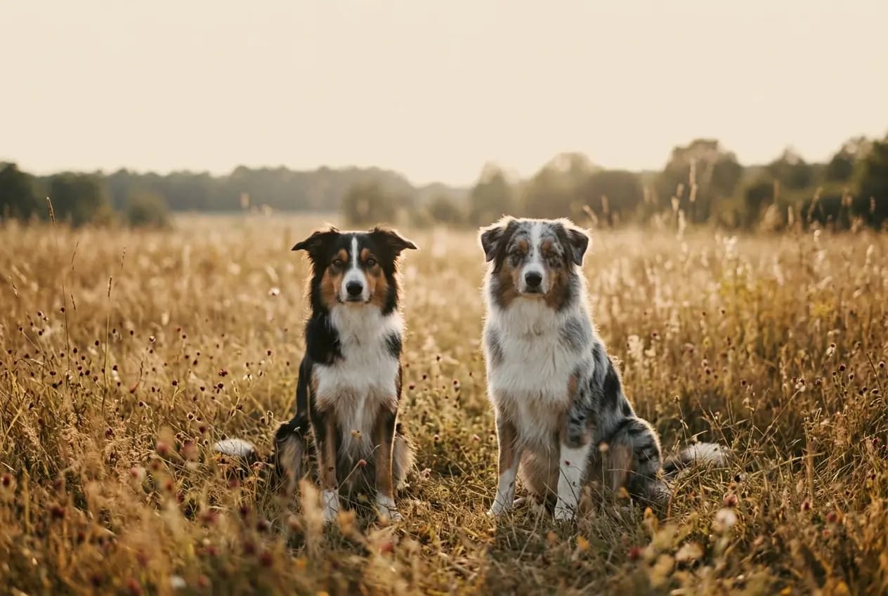 Berger Australien et Border Collie côte à côte dans une prairie de Sologne en fin de journée