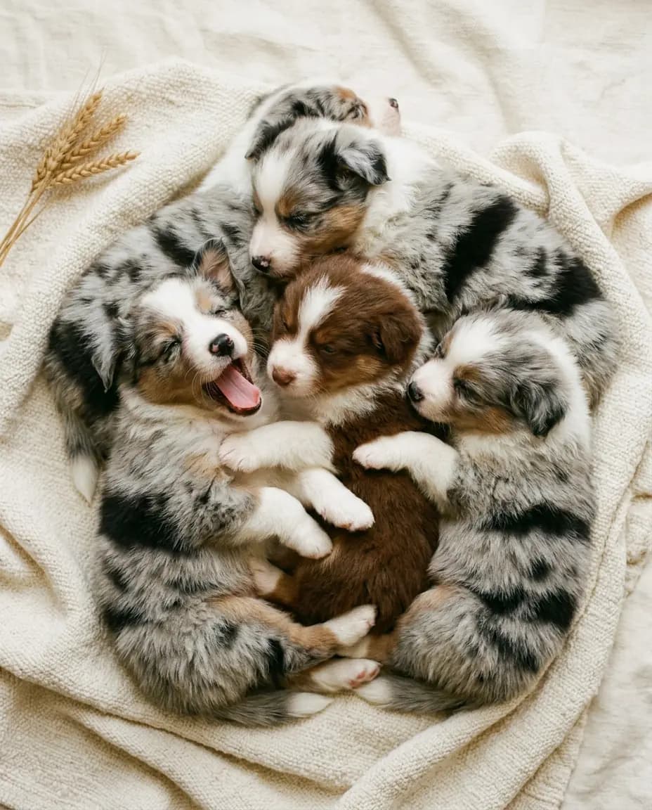 Chiots Berger Australien blottis sur un drap de lin
